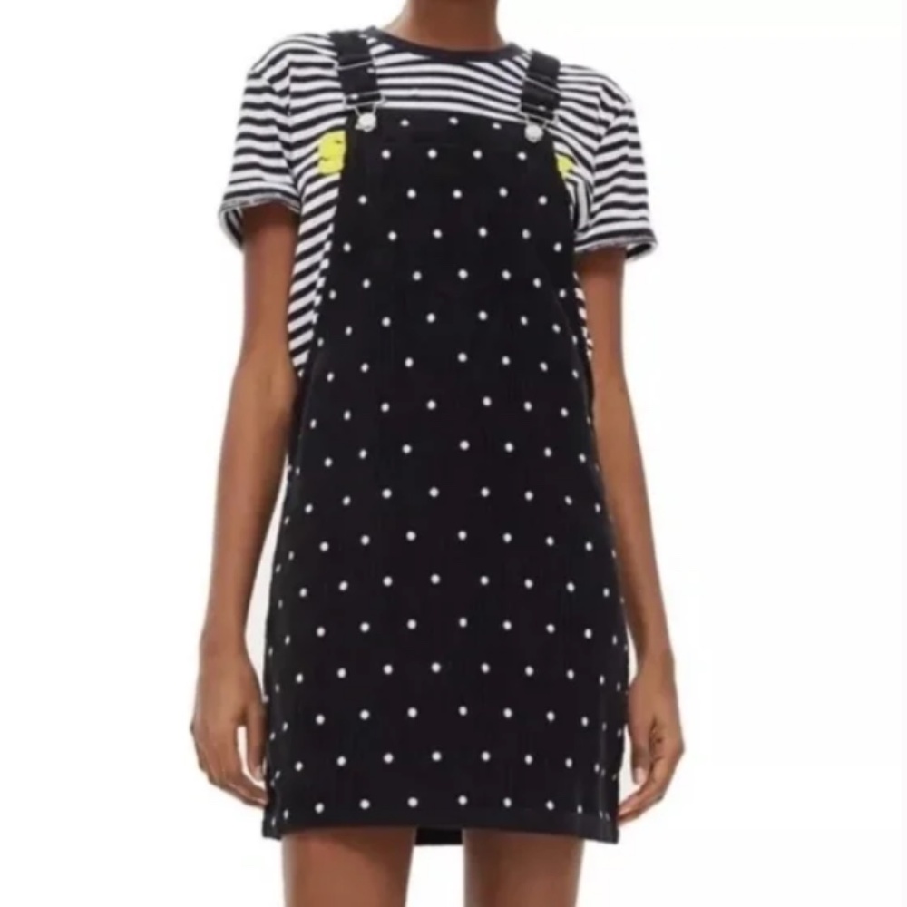 Topshop Corduroy Polka Dot bib Overalls Mini Dress skirt Cotton black goth 10